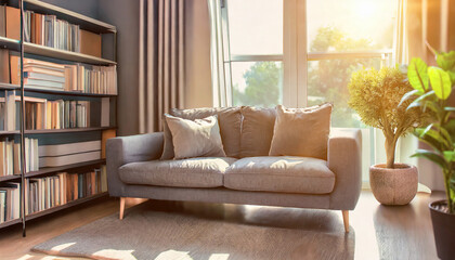 Fototapeta na wymiar Grey sofa against window and book shelving unit. Scandinavian home interior design of modern living room