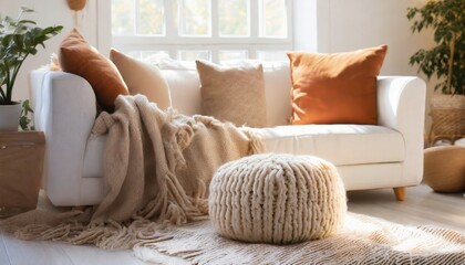 Knitted pouf near white fabric sofa with blanket and terra cotta pillows Scandinavian hygge style home interior design of modern - obrazy, fototapety, plakaty