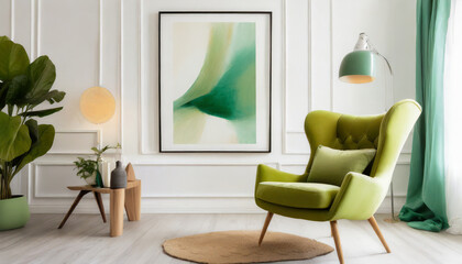 Light green wingback chair against white wall with big art poster frame. Mid-century home interior design of modern living room