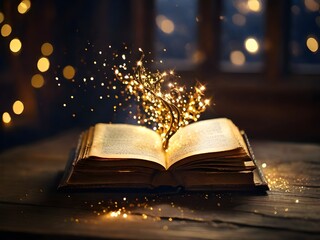 Magical image of old open old book over wooden table with magic gold glitter sparkfly light overlay...