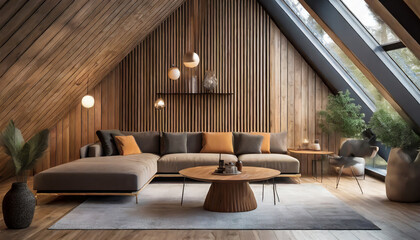 Sofa and round coffee table against wooden paneling wall with shelves. Scandinavian home interior design of modern living room in attic.