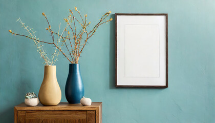 Wood side table, blue and mustard vase with twigs near blank mockup poster frame with copy space against turquoise wall. Scandinavian home interior design of modern living room