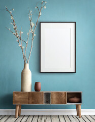 Wood side table, vase with twigs near big empty frame mock up poster with copy space against blue wall. Scandinavian home interior design of modern living room. - obrazy, fototapety, plakaty