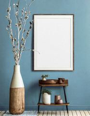 Wood side table, vase with twigs near big empty frame mock up poster with copy space against blue wall. Scandinavian home interior design of modern living room.