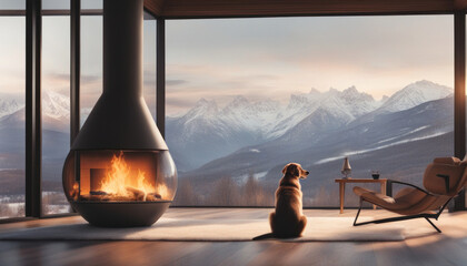 Cozy Winter Retreat: Woman, Dog, and Snowy Mountain View