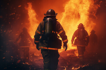 Fototapeta premium Confronting a Fiery Beast Firefighters in the Fray