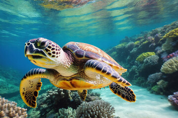 Naklejka na ściany i meble green sea turtle swimming. Sea turtle swimming in the ocean coral reef. Underwater world.