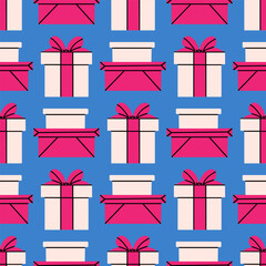 Holiday with different gift boxes, cartoon style. Christmas, birthday background in vibrant colors. Trendy modern vector illustration, hand drawn, flat, seamless pattern