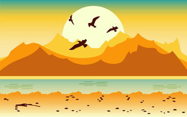 Fototapeta na wymiar Landscape. Sea, beach, mountain, seagulls on sun background. Vector illustration