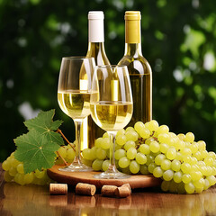 white wine bootle and glass wine with grapes concept 
