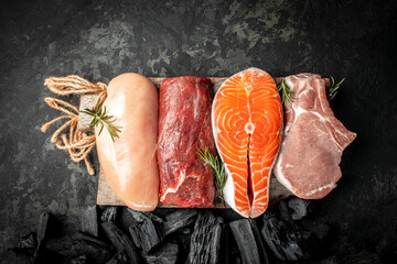 raw meat assortment steaks beef, pork, chicken. banner, menu, recipe copy space, top view
