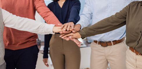 Team building, mission or hands in meeting together in a business or group project for motivation....