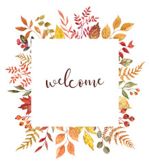 Fall leaves and foliage square border. Autumn botanical frame. Watercolor hand-drawn seasonal plants illustration.