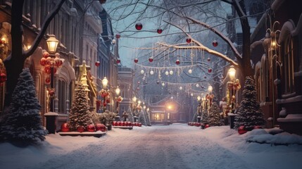 Beautiful Christmas lighting in small town building with snow. - obrazy, fototapety, plakaty