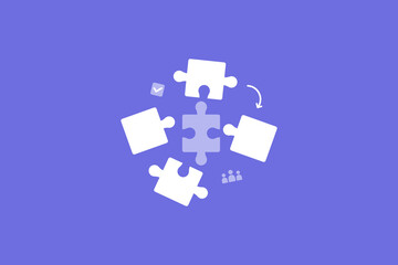 Naklejka premium Connection together puzzle pieces on a purple background. Vector illustration