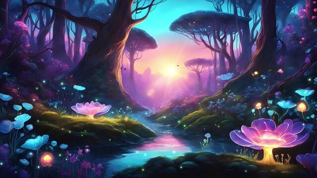 Fairytale Enchanted Forest with Glowing Mushrooms and Fireflies, Mist and Full Moon in the background. Animated Fantasy Scene -Seamless Loop