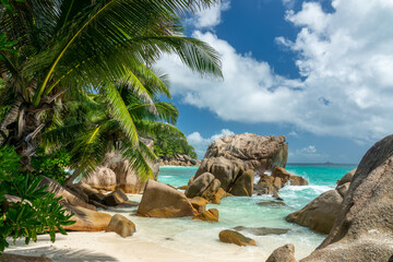 Granite rocks and palm trees on the scenic tropical sandy Anse Patates beach, La Digue island, Seychelles