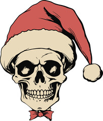 Vintage Skull in Santa hat, Retro Skull in Christmas hat, Skeleton in Santa hat illustration