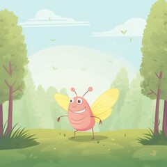 a happy fly flies through the park among the trees, blue sky and green grass