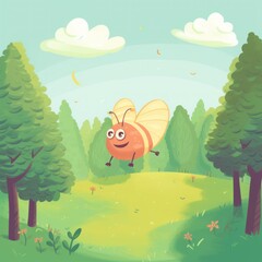 a happy fly flies through the park among the trees, blue sky and green grass