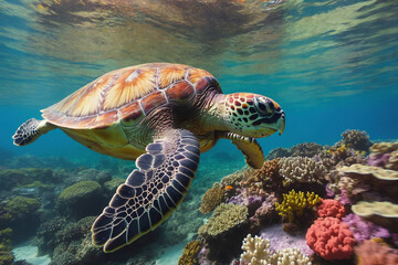 Obraz premium Sea turtle swimming in the ocean coral reef. Underwater world.