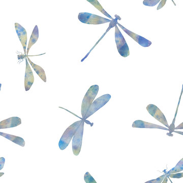 Seamless pattern of dragonflies drawn in watercolor on a white background, for print, packaging design