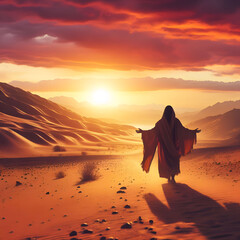Jesus walking away in the desert