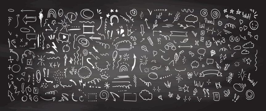 Simple sketch line style elements. Doodle cute ink pen line elements isolated on chalkboard background. Doodle arrow, heart, star, decoration symbol, icon set. Vector illustration.