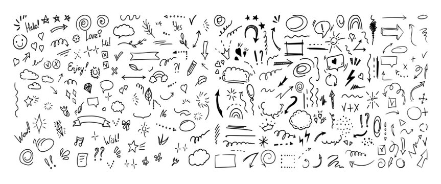 Simple sketch line style elements. Doodle cute ink pen line elements isolated on white background. Doodle arrow, heart, star, decoration symbol, icon set. Vector illustration.