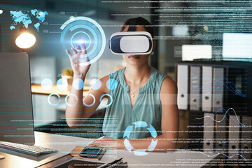 Metaverse, vr and business woman in virtual reality exploring cyber world in office at night. Futuristic, overlay technology and female employee with digital headset with 3d software for data graphs.