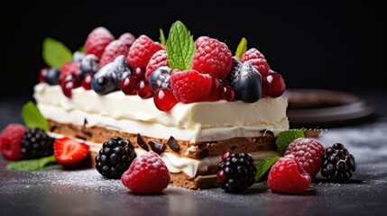 Sweet pastries with berries. A varied assortment of confectionery products. Mousse cake with sponge cake and cream at the black background - obrazy, fototapety, plakaty