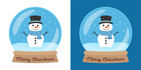 Christmas Snow Globe with Snowman and Snowflakes. Vector Illustration isolated on white and blue backgrounds