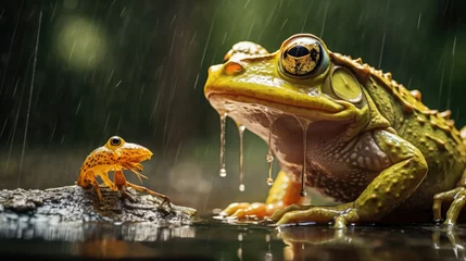 Foto op Canvas A Green Frog on a Rainy Stone Surface in a Wetland Forest © Graphics.Parasite