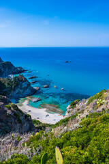 Fototapeta premium Amazing view of Praia di Fuoco and Spiaggia di Ficara from Capo Vaticano - beautiful beach and coast scenery - travel destination in Calabria, Italy