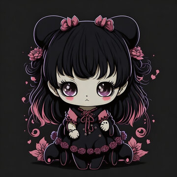  Cute vector kawaii anime kuromi on black background