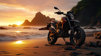 Fototapeta na wymiar Sunrise Silhouette A Motorcycle on the Beach with a Scenic Horizon
