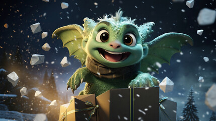 Obraz premium Cute cartoon style; The outer space sky is dotted with planets and stars, a huge green dragon flies at high speed across the sky