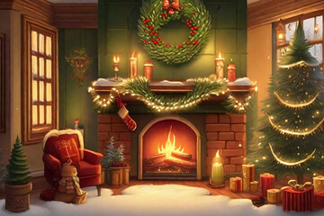 winter wonderland with a towering Christmas tree ornaments and crackling fireplace in a living room