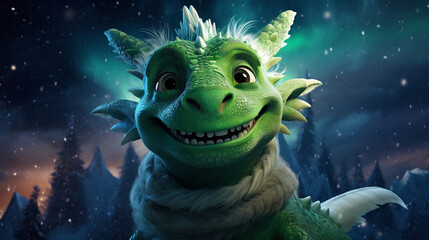 Cute cartoon style; The outer space sky is dotted with planets and stars, a huge green dragon flies at high speed across the sky  Funny green dragon in the snow. 3D illustration. Fantasy.

