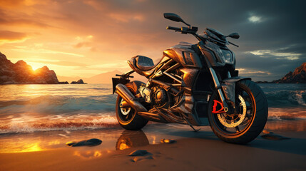 Motorcycle Adventure on Indian Beach at Sunrise, Scenic Travel Destination and Journey