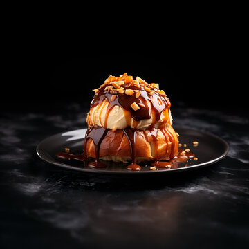 Ice cream brioche with nuts and sauce.