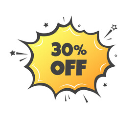 30% off sign. Flat, yellow, explosion sign, 30% off sign. Vector icon