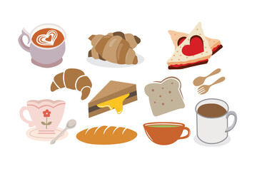Breakfast set. Vector illustration in flat style. Coffee, tea, croissant, cake, cup of coffee.