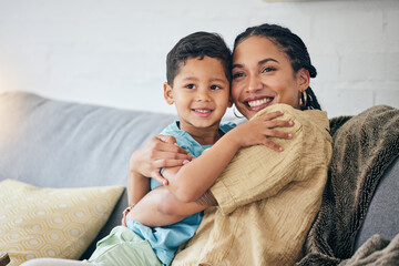 Love, hug and happy family mom, child and bonding, support and care for young son on living room...