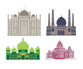 Religion buildings vector illustrations. Islamic mosque architectural objects 
