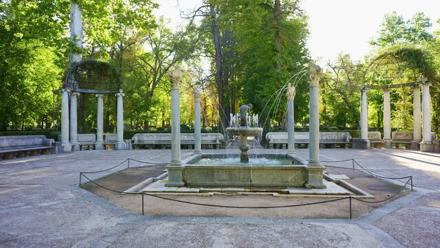 Ancient French-style fountains in the gardens of the royal palace of Aranjuez, Madrid.