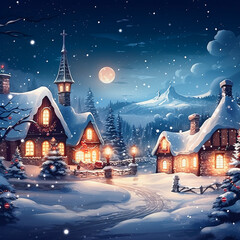 Fototapeta premium Cartoon illustration of snow covered village with houses and trees. AI Generative