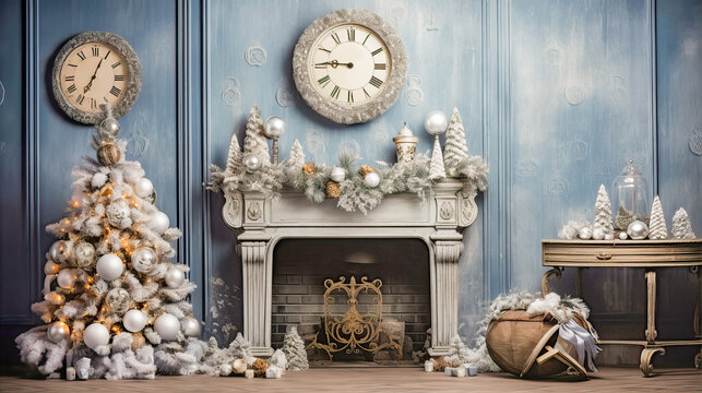 Backdrop with Christmas trees decorated with  baubles and garland, with chimenea, clock. Copy space. Christmas decorations. Holiday background. Christmas tree. Greeting card. Blue tones.