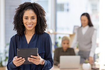 Portrait of black woman on tablet for office management, online business research and startup...