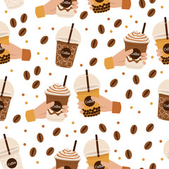 Seamless pattern with cold coffee, matcha or other drinks. Coffee beans. Vector graphic.